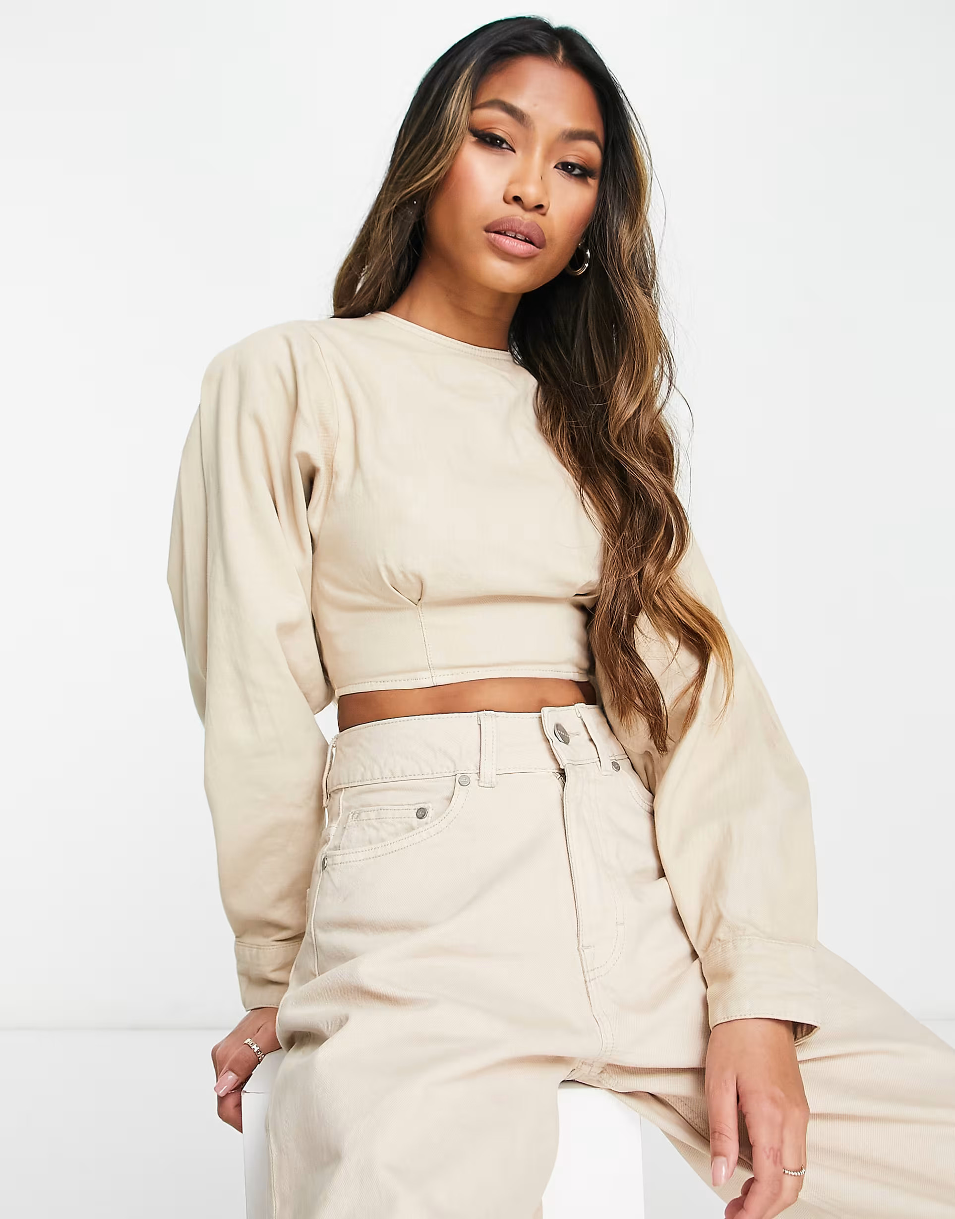 Waven puff sleeve blouse co-ord with open back in beige | ASOS (Global)