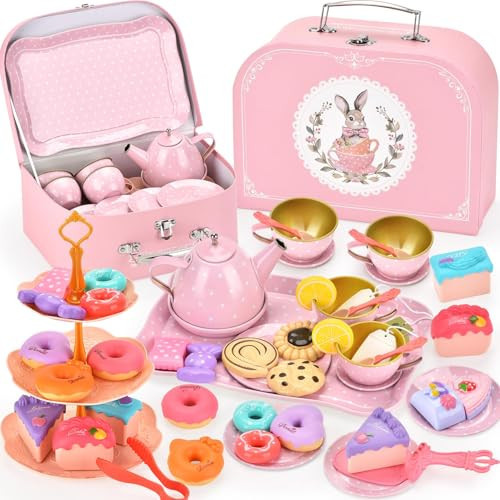 Lajeje Tea Party Set for Girls – Princess Toddler Birthday Gift, Bunny Tea Time Toys with Teapot, Desserts, Cups, Plates & Carrying Case, Pretend Kitchen Playset for Kids Ages 3-8 | Amazon (US)
