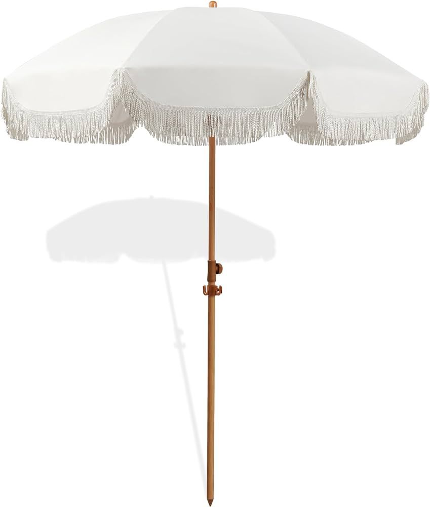 6.5ft Patio Umbrella with Fringe, Beach Umbrella, Fringe Umbrella Outdoor Patio with Hanging Hook... | Amazon (US)