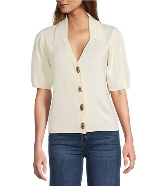 Skies Are Blue Knit V Neck Short Sleeve Button Front Top | Dillard's | Dillard's