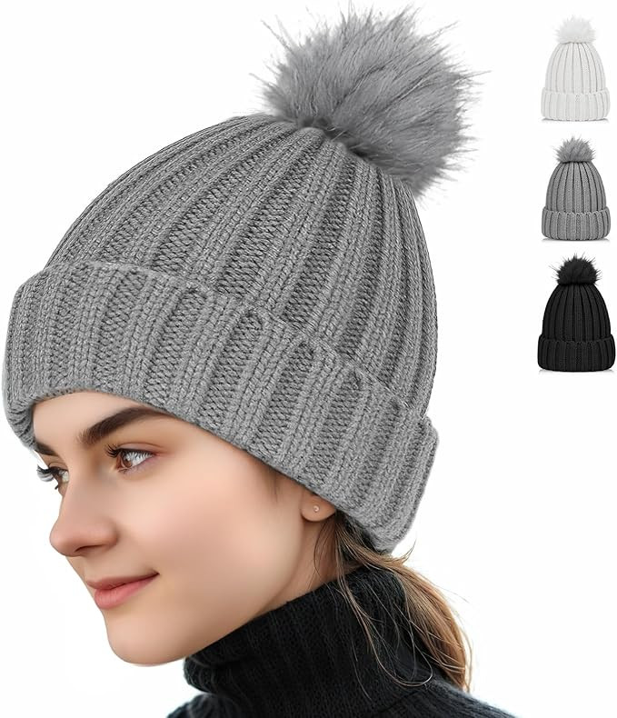AURUZA Beanie for Women Men, Soft Beanie hat with Faux Fur Pom for Women, Thick Knitted Ski Cap W... | Amazon (US)