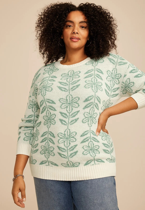 Plus Size Textured Floral Crew Neck Sweater | Maurices