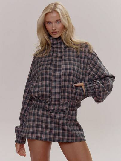 MUSERA High Neck Zip Through Checkered Cinched Hem Waist Jacket Coord Top Only Cute Girly Sexy Sp... | SHEIN