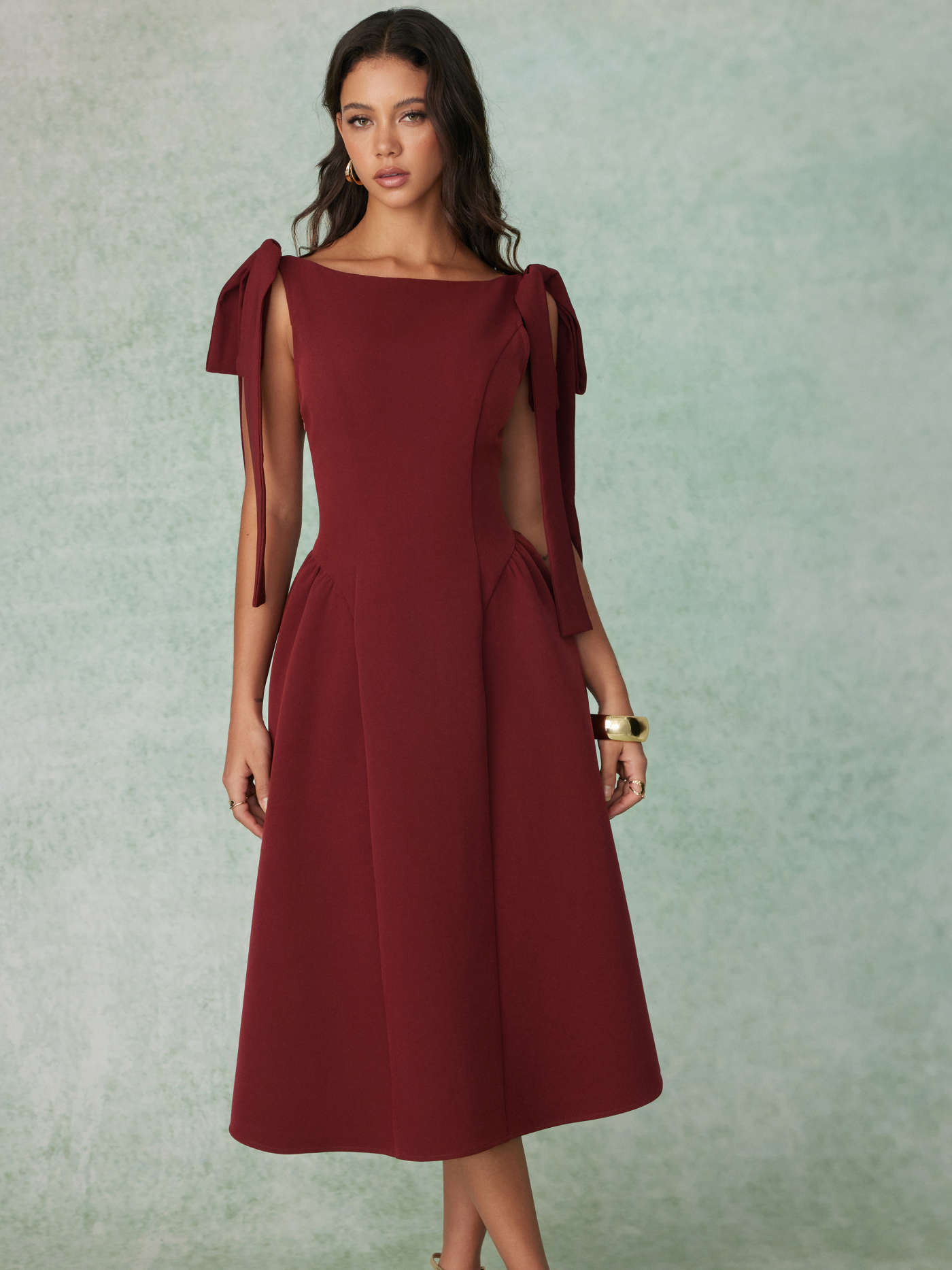 Woven Boat Neck Bowknot Backless Lace Up Flared Maxi Dress For Party/Clubbing Wedding | Cider