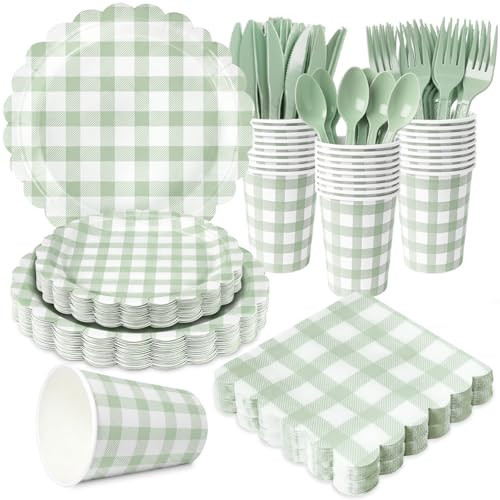 175 PCS Sage Green Gingham Party Supplies Includes Green Gingham Paper Plates, Cups, Napkins, Cutlery for Wedding Bridal Shower Birthday Baby Shower Party Decorations, Serves 25 | Amazon (US)
