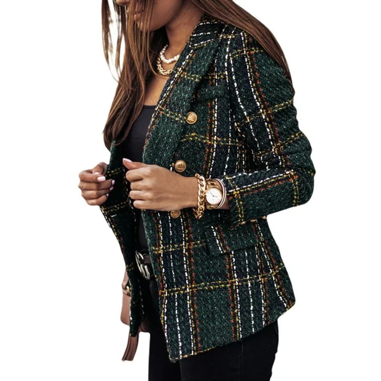 Kiapeise Women Skinny Suit V-Neck Lapel Double-Breasted Plaid Coat Winter Trench Blazers Jacket, ... | Walmart (US)