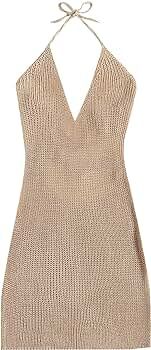 MakeMeChic Women's Sleeveless Halter Tie Back Knitted Swim Beach Cover Up Dress | Amazon (US)