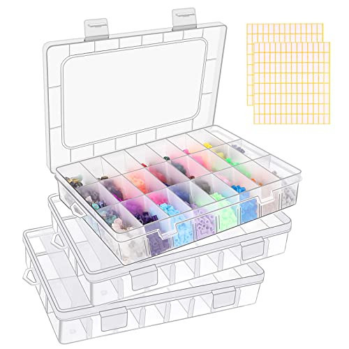 3 Pack 24 Grids Clear Plastic Storage Container With Adjustable Divider, Craft and Bead Organizer Box for DIY Jewelry Tackles With 2 Sheets Label Stickers | Amazon (US)