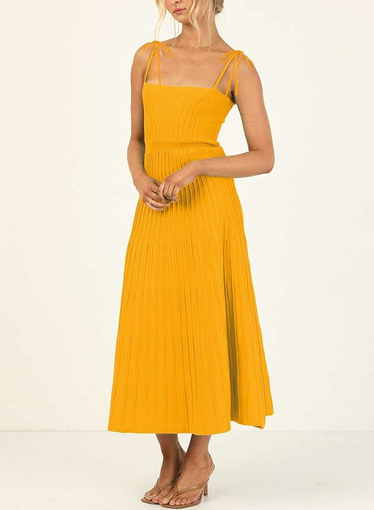 ARTFREE Womens Ribbed Knit Summer Maxi Dresses Tie Straps Square Neck Party Long Dress | Amazon (US)