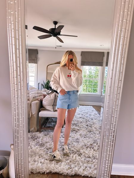 Okay, fully obsessed with this little cherry 🍒 crewneck sweatshirt! Also love these denim shorts, I got the curve love fit and they’re so good. 
Top: XS
Shorts: 27 curve love

Abercrombie, casual style, spring outfits, spring style, mom outfits 

#LTKstyletip #LTKfindsunder100 #LTKfindsunder50