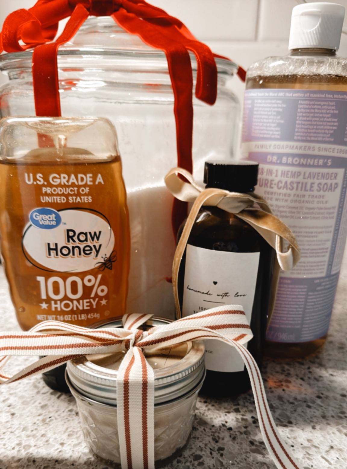 Homemade body scrubs
* 1 1/4 cup sugar 
* 2 tbsp Castile soap
* 2 tbsp Raw Honey 
* 1 tbsp Vanilla (optional) 

Combine all ingredients and store in an airtight container. Use about a quarter amount on wet skin and wash off. 

I used Dr.Bronners lavender scent. You can use any Dr.Bronners you would like!! 


#LTKSeasonal #LTKBeauty #LTKGiftGuide