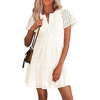 PRETTYGARDEN Womens 2026 Summer Short Dress V Neck Short Sleeve A Line Hollow Out Lace Cute Casua... | Amazon (US)