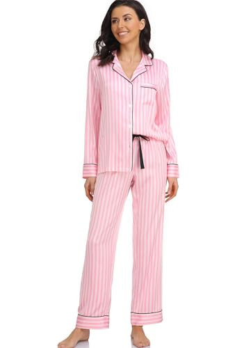 Serenedelicacy Women's Satin Pajama Set Long Sleeve Button Down Sleepwear 2-Piece Silky Pj Set (Medium, Pink Striped) | Amazon (US)
