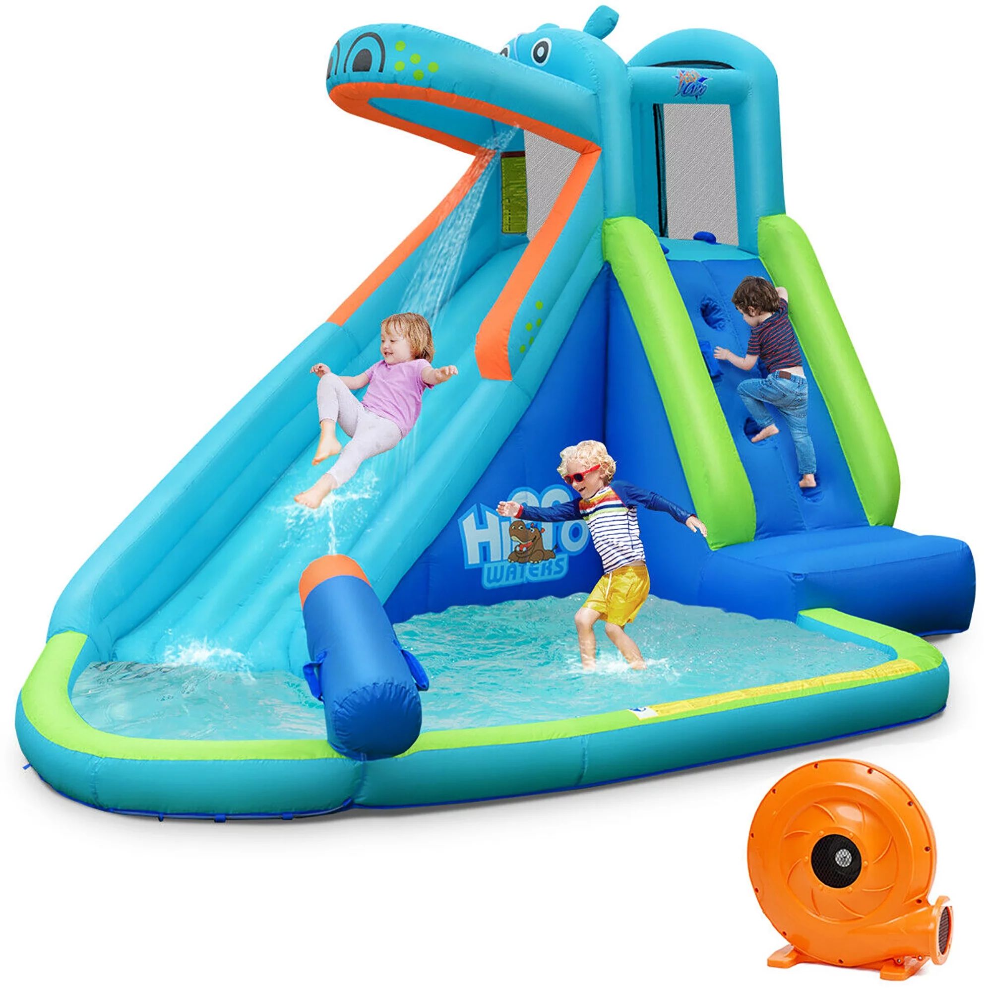 Costway Inflatable Kids Hippo Bounce House Slide Climbing Wall Splash Pool w/740W Blower | Walmart (US)