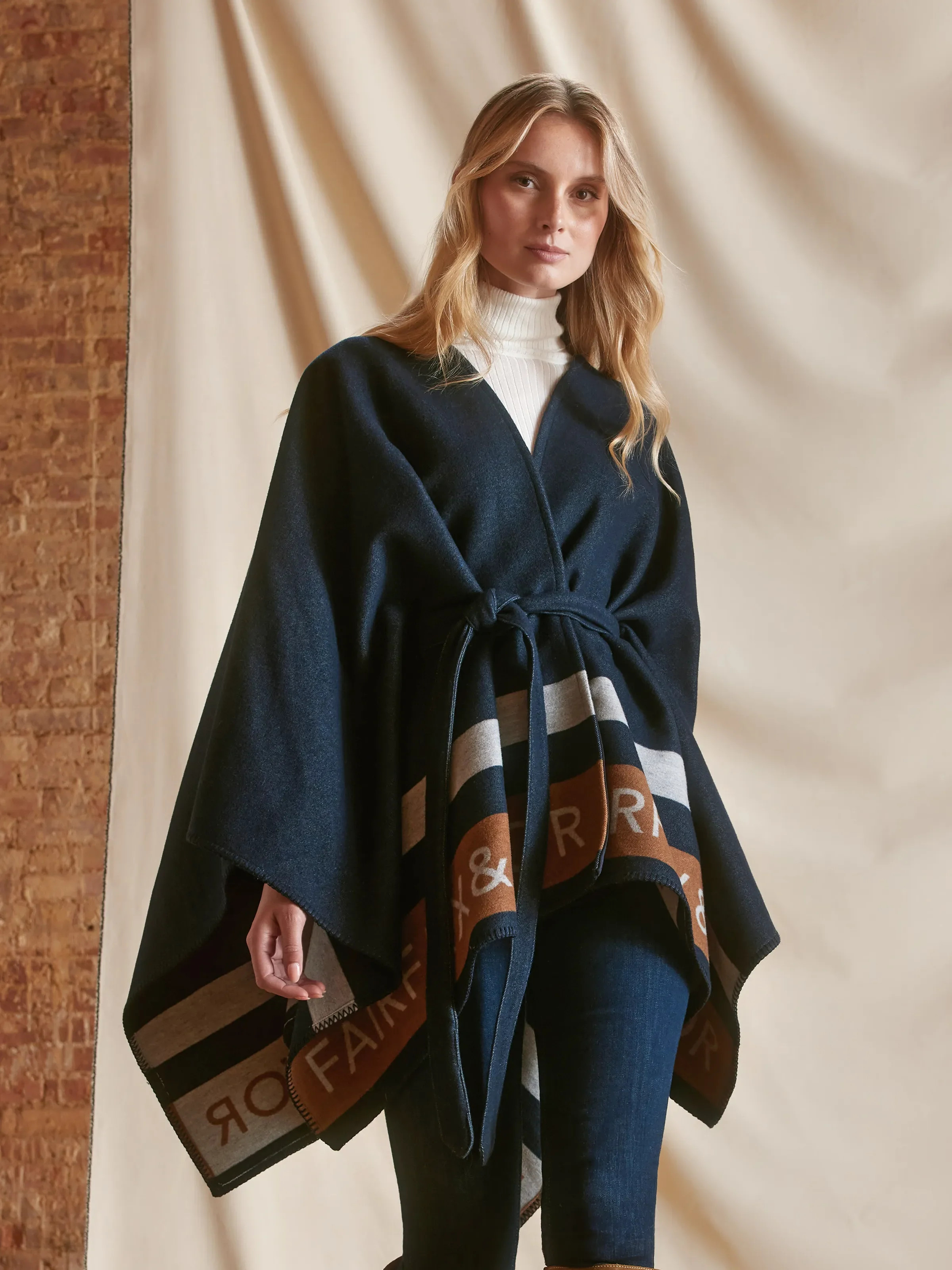 Rachel - Women's Blanket Cape - Navy Tri-Colour Wool | Fairfax & Favor | Fairfax & Favor (UK)