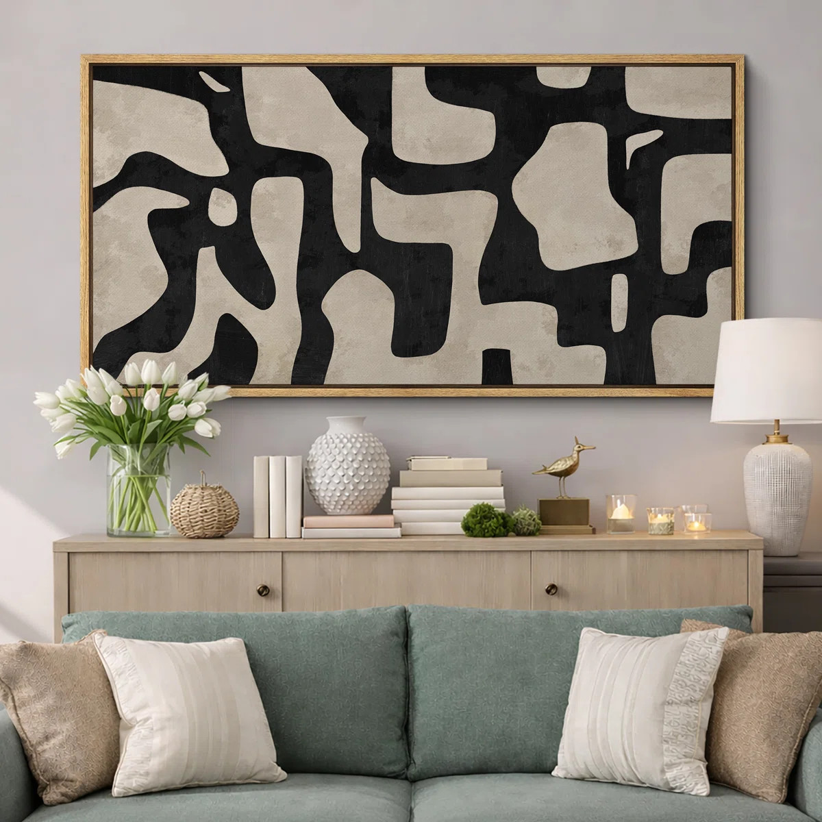 Mid Century Shape Abstract Contours, Black And White Beige Artwork, Retro Bedroom Home Decor, Ext... | Wayfair North America