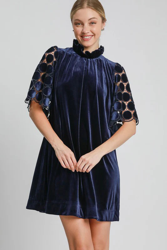 Umgee Dotted Lace Half Sleeve Mock Neck Back Tie Velvet Dress Navy / M | Casual Chic Boutique