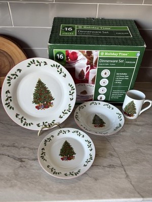 Vintage Christmas Tree Porcelain Dinnerware 16pc Service For 4 Dinner Plates Cup | eBay US