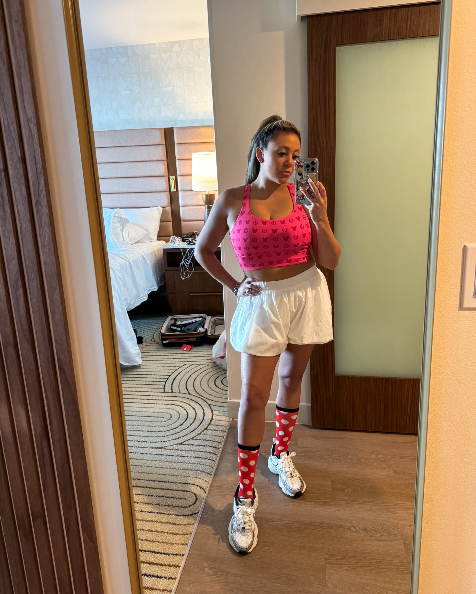 Disney outfit deets 💖 love these bubble hem shorts and lululemon Disney sports bra 🫶🏻 added these Minnie Mouse print socks 

Disney world outfit. Disneyland outfit. Disney outfit inspo. Summer outfit. 

#LTKTravel
