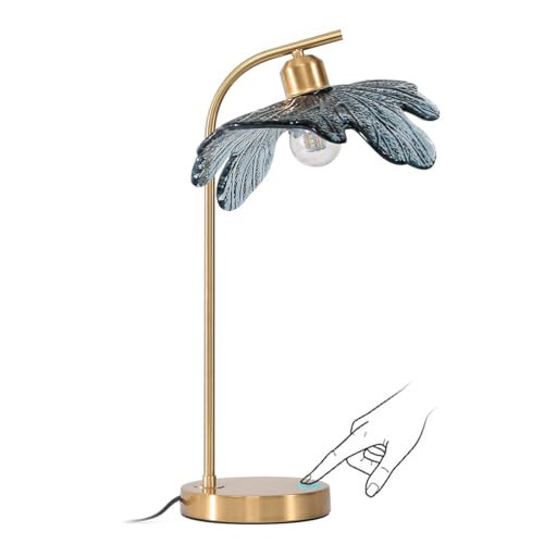 Auwieou Gold Touch Table Lamps with Blue Glass Shade Flower Desk Lamp Mid Century Modern Bedside nightstand lamp Side Small Table Lamps for Bedroom Bookcase Living Room Office | Amazon (US)