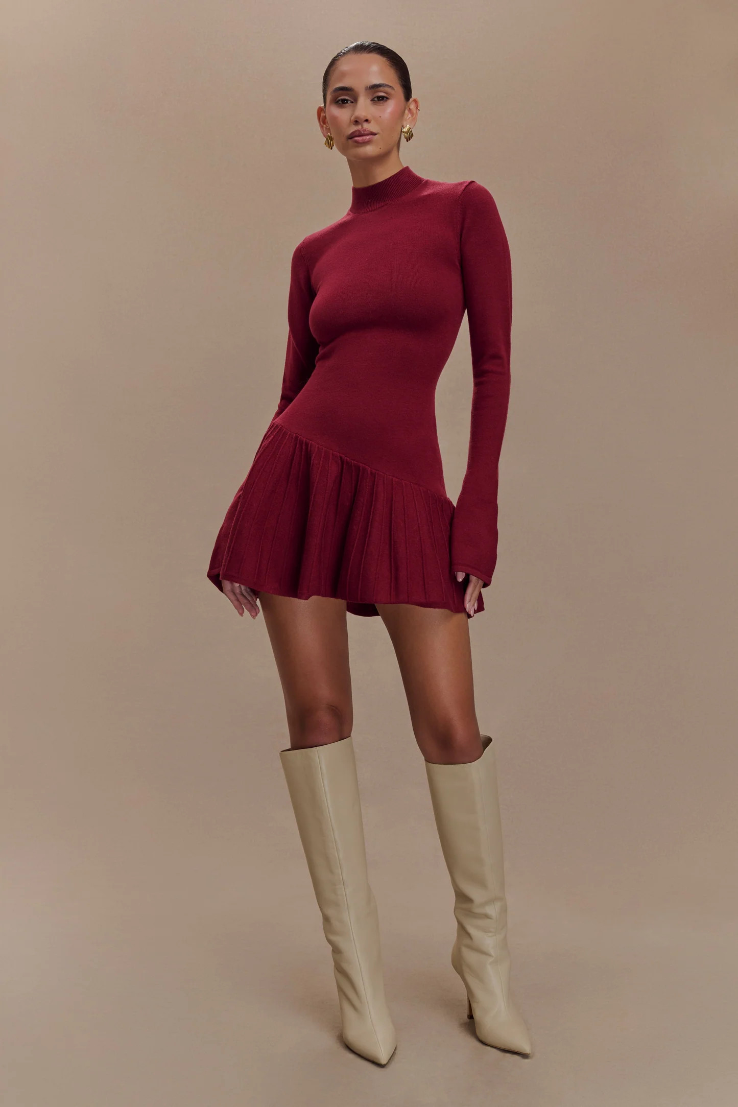 Blair Knit Mini Dress With Pleats - Merlot | MESHKI US