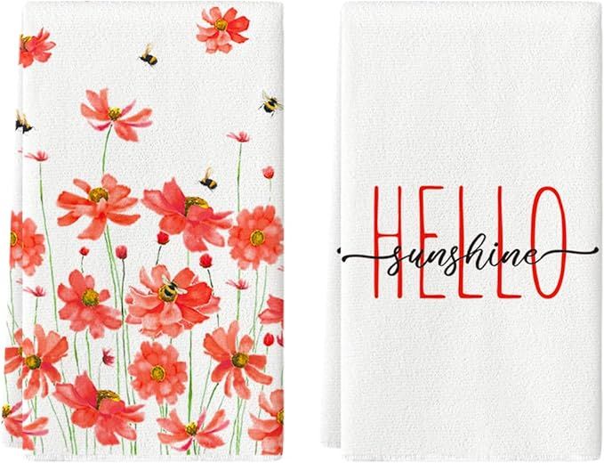 Artoid Mode Red Flowers Bee Hello Sunshine Spring Kitchen Towels Dish Towels, 18x26 Inch Seasonal... | Amazon (US)