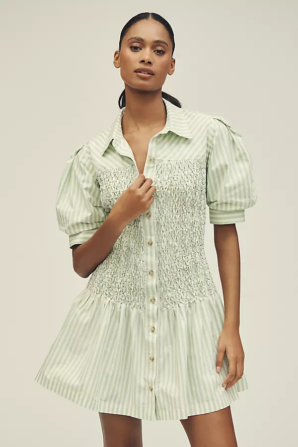 By Anthropologie Short-Sleeve Smocked A-Line Mini Shirt Dress | Anthropologie (US)