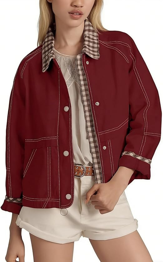 Aimiray Women's Barn Cropped Jacket Windproof Casual Plaid Bomber Jacket Spring Cotton Coats with... | Amazon (US)