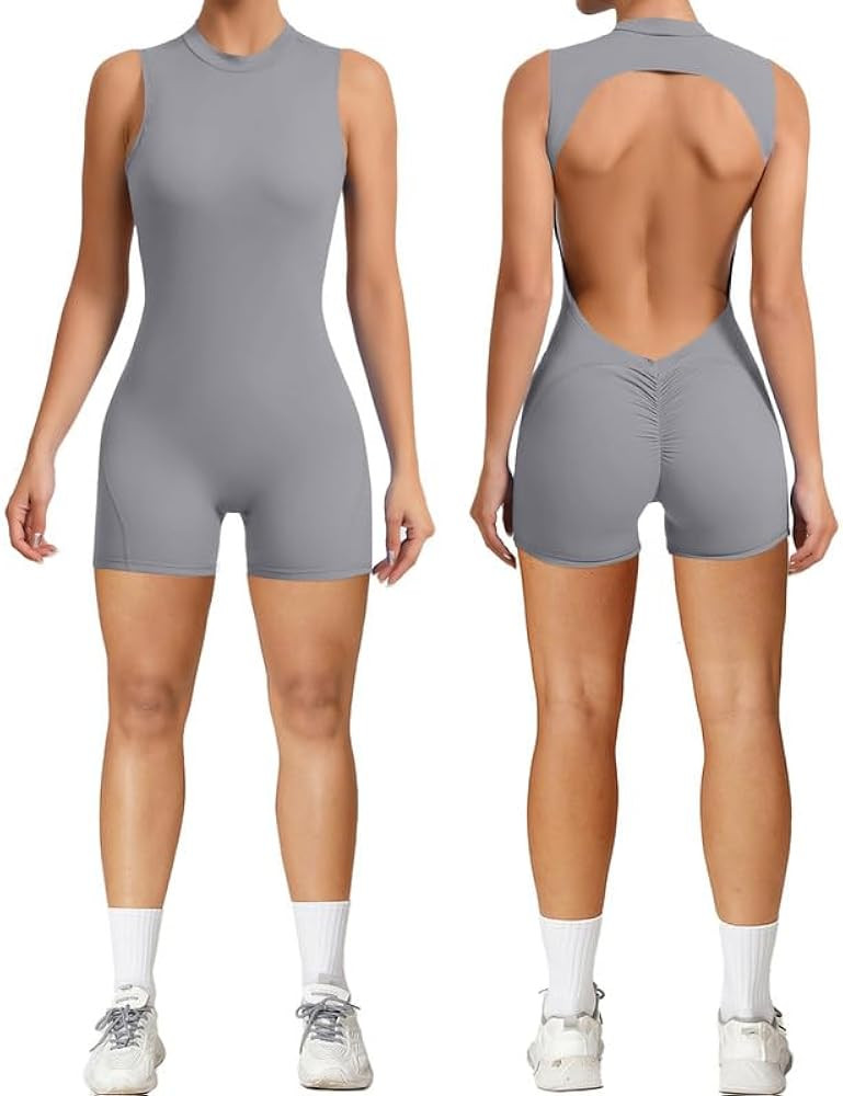 Litthing Women Short Jumpsuit Backless Scrunch Butt Workout Rompers V Back Yoga One Piece Unitard... | Amazon (US)