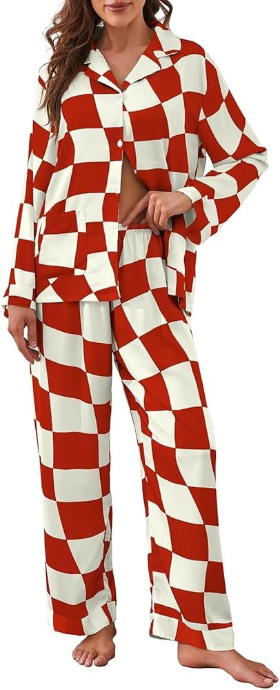 Brosloth Womens Silk Pajamas Button Up Pajama Soft Long Sleeve Satin Printed Loungewear Set | Amazon (US)