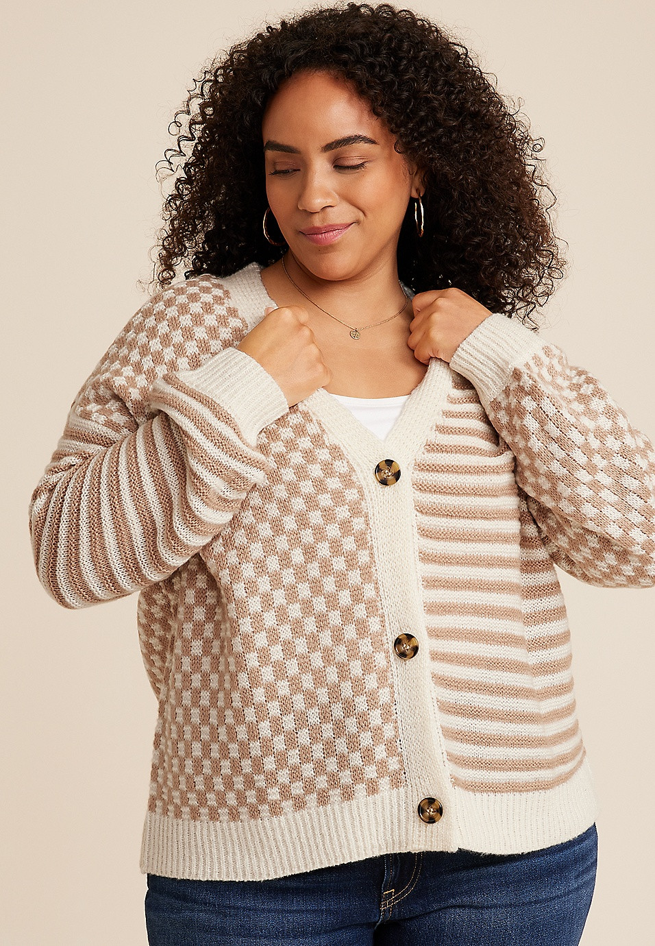 Plus Size Checkered Striped Mix Button Down Cardigan | Maurices
