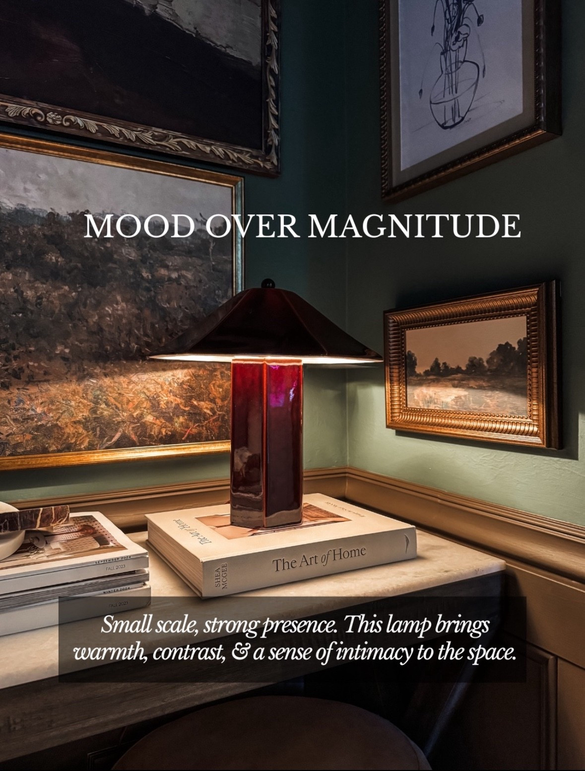 Small scale, strong presence ✨
This table lamp with a sculptural ceramic base and dark metal shade proves that mood always matters more than size. Styled on a wood desk with coffee table books, layered against moody green walls, vintage framed artwork, and classic picture molding, it brings warmth, contrast, and an intimate glow to the space. The mix of traditional frames, art books, and soft ambient lighting creates a timeless, collected look that feels intentional and lived-in—never overdone. Linked on LTK 🤍

#eanesinteriors #tablelamp #accentlighting #moodyinteriors #classicdecor #traditionalstyle #vintagelook #layeredlighting #deskdecor #homelibrary #interiordetails #ltkhome #ltkinspo

#LTKHome #LTKstorytime #LTKSeasonal