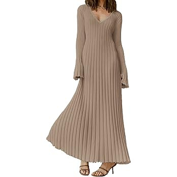 ECDAHICC Women's Sexy Ribbed Knit Sweater Dress Casual Long Sleeve V Neck Bodycon Pleated A Line ... | Amazon (US)