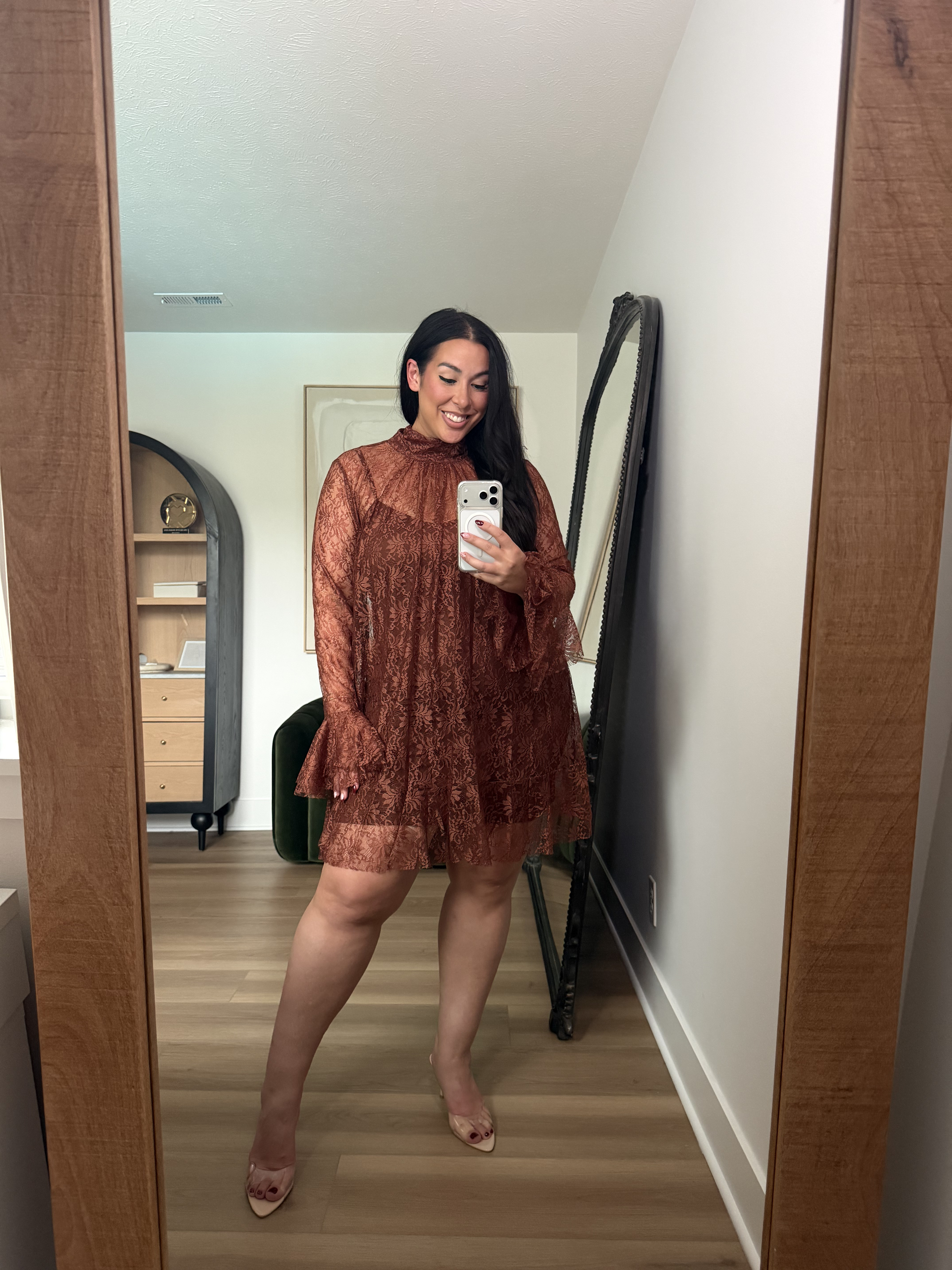 This lace dress is stunning, the slip is stretchy which I love! Soft belly friendly. Wearing an XL. Use code: BONNIE40 @vici, fall style, fall loungewear, matching set, fall dresses 

 #LTKSeasonal #LTKMidsize