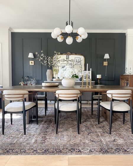 Moody modern vintage dining room decor! 

Rug: Olive/Charcoal
Paint color: Iron Ore by SW
Chairs: Cary Linen

#LTKSaleAlert #LTKStyleTip #LTKHome