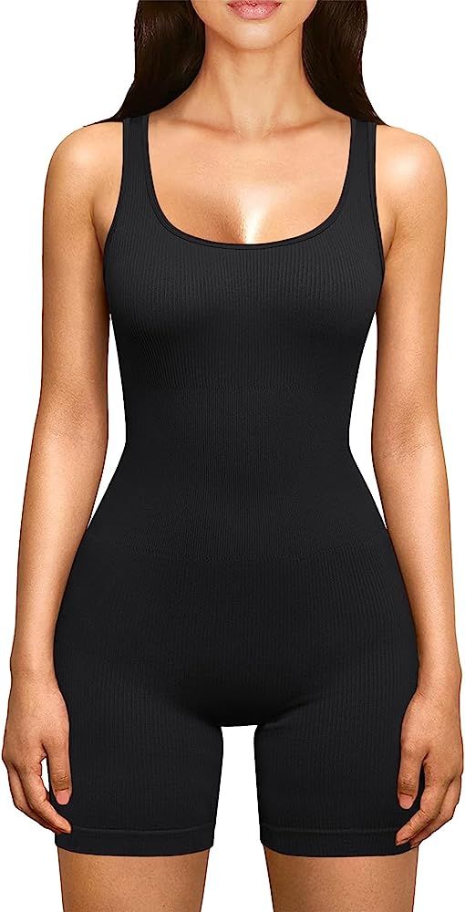 Loovoo Seamless Ribbed Jumpsuit for Women Strappy Square Neck Tank Top Padded Bra One Piece Short... | Amazon (US)