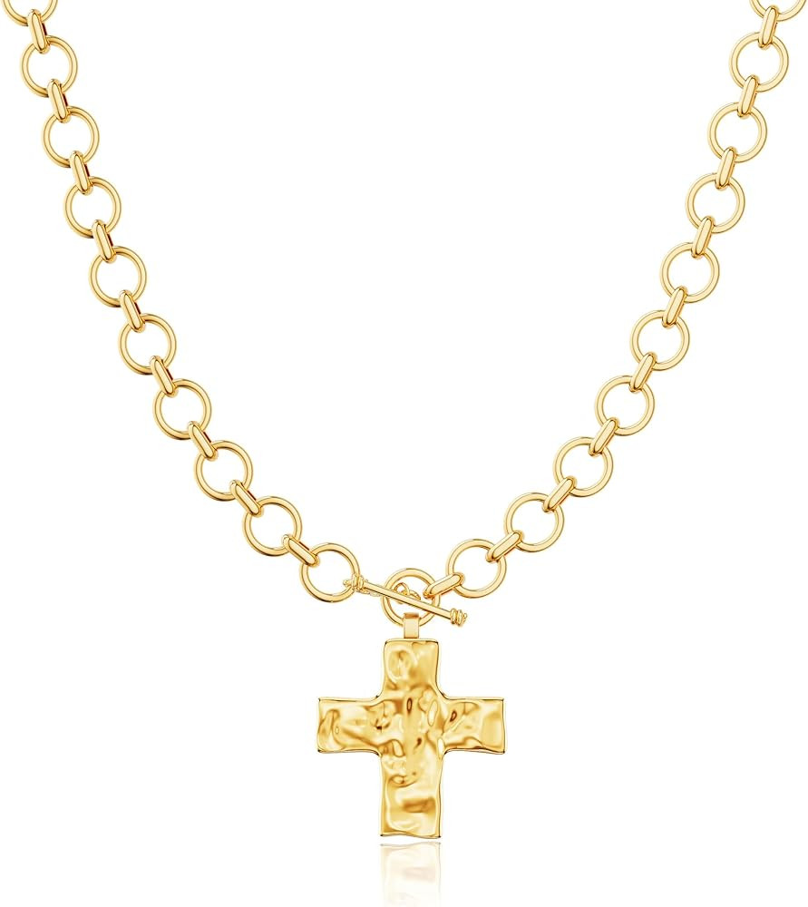 Cross Necklace for Women - Dainty 14K Gold Plated Chunky Cross Pendant Necklaces Trendy Toggle Cl... | Amazon (US)