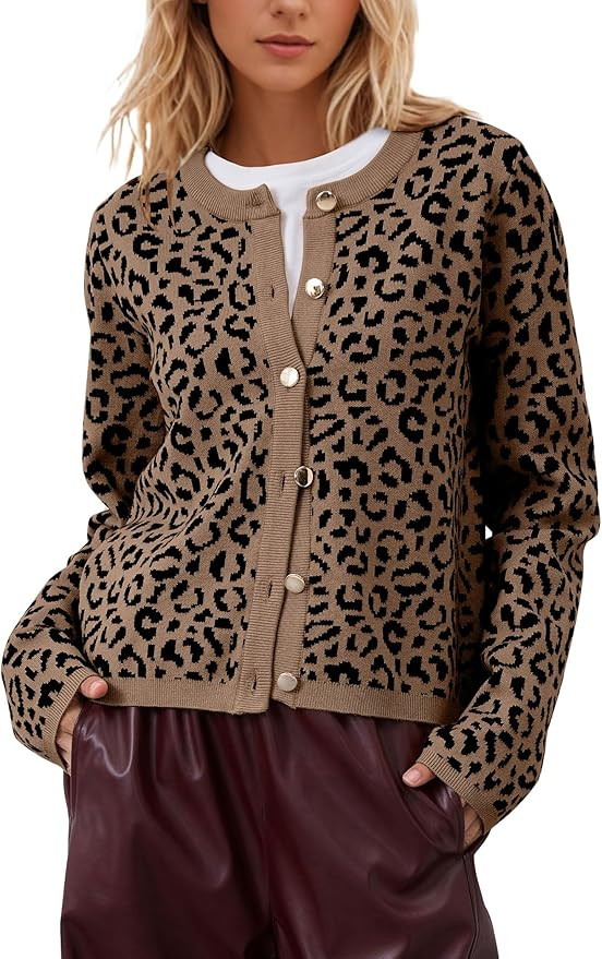 Leopard Cardigan Long Sleeve Open Front Button Up Cheetah Print Top Leopard Sweater Coat Cropped ... | Amazon (US)