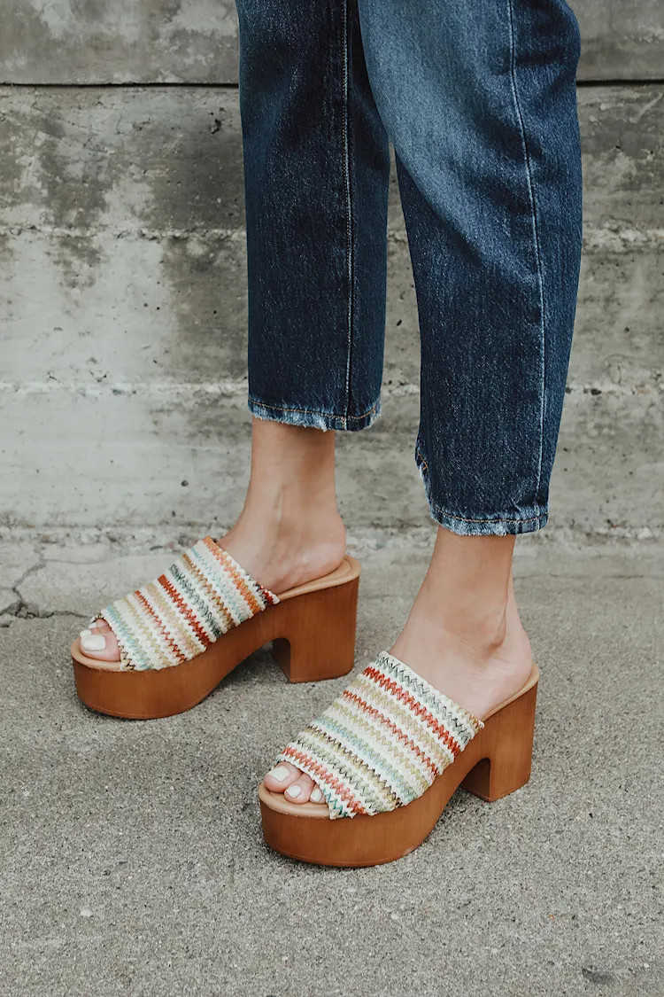 Laryssa Beige Multi Woven Peep-Toe Platform Mules | Lulus (US)