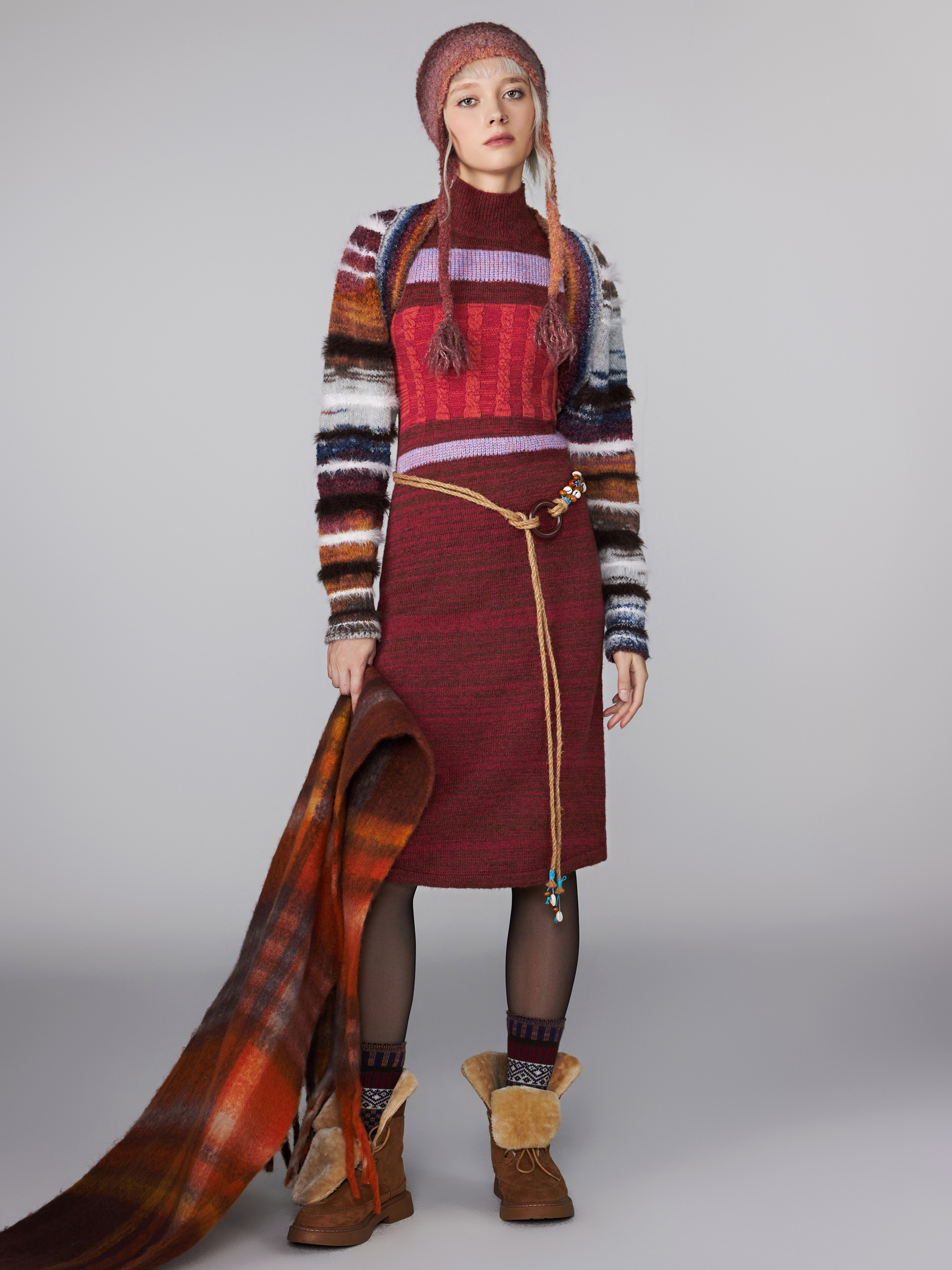 Knit Fabric Wool-blend High Neck Patchy Contrasting Midi Dress For Coffee Shop Date | Cider