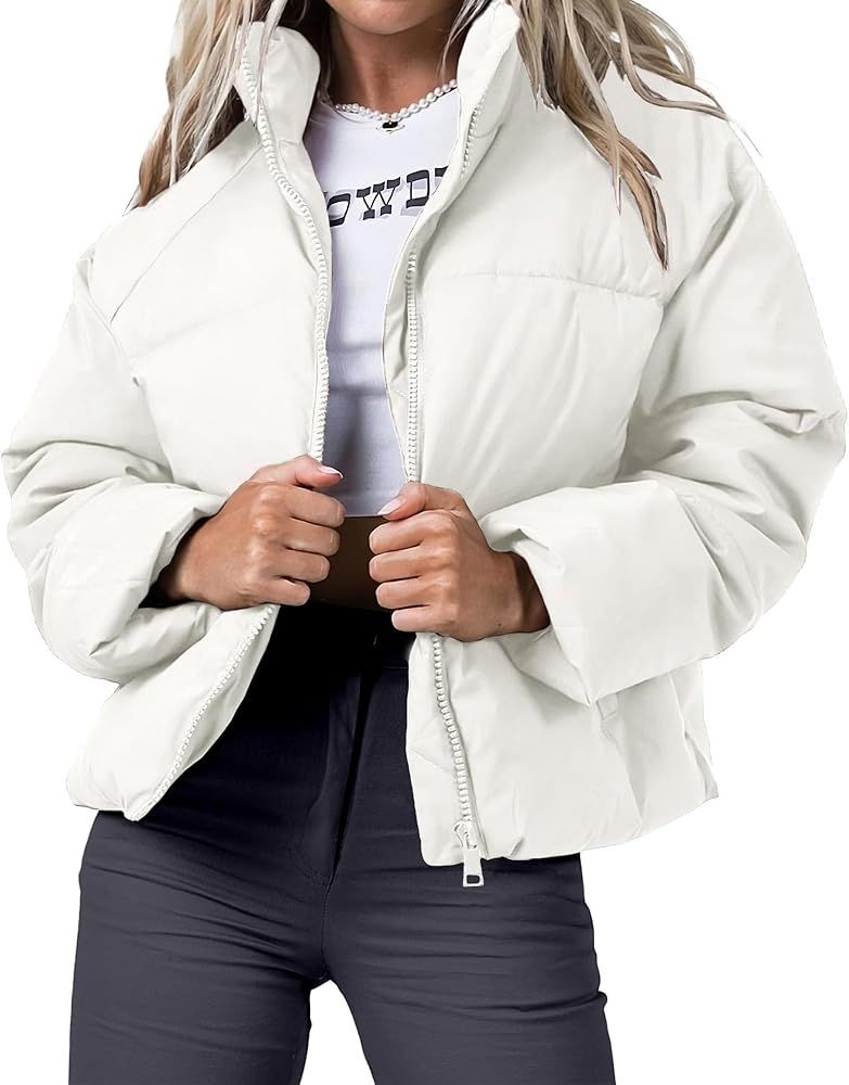 Womens Winter Puffer Jacket Cropped Long Sleeve Zip Up Baggy Short Down Coats with Pockets | Amazon (US)