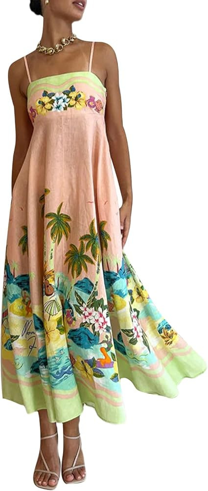 NUFIWI Women Boho Graffiti Cami Long Dress Graphic Spaghetti Strap Flowy Maxi Dress Square Neck C... | Amazon (US)