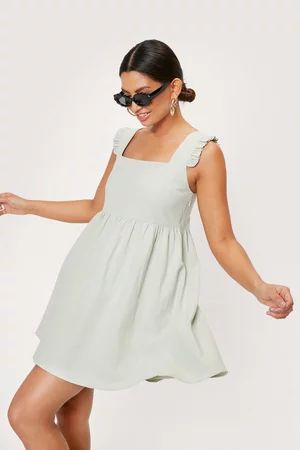 Frill Shoulder Linen Mini Dress | Nasty Gal (US)