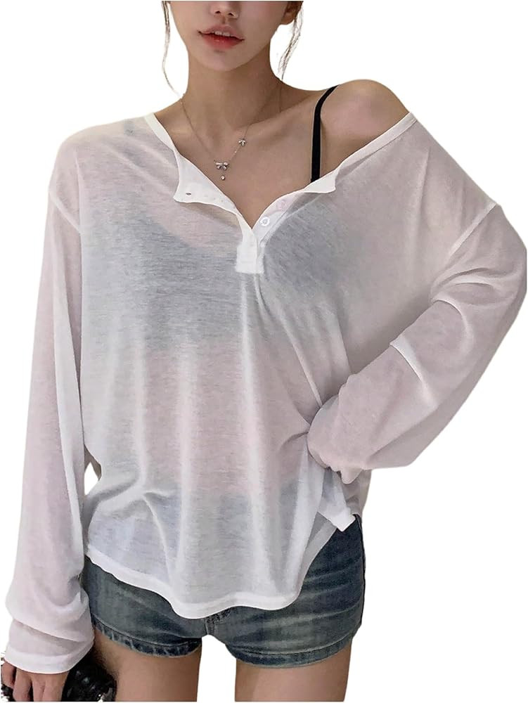SHENHE Women's Casual Long Sleeve Sheer Henley Shirt Button Up See Through Tee Going Out Top | Amazon (US)