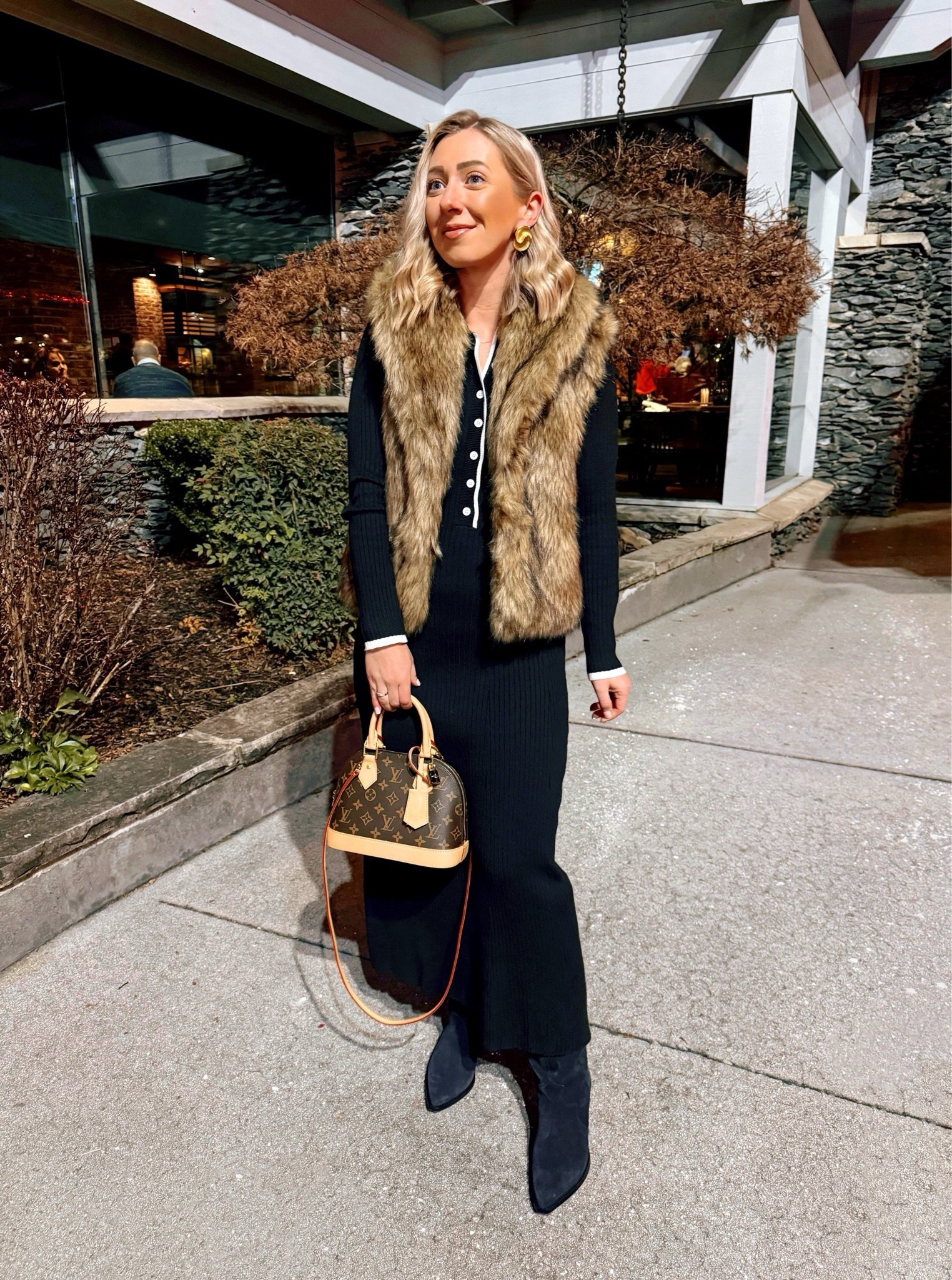 Wore this one night to dinner in Gatlinburg! 🏔️🖤✨ I have this sweater dress in several colors and it’s always my go to! 🙌🏻 Bonus it’s under $50! Also when it’s freezing outside, nobody can tell you’re wearing leggings underneath! 😂 

Sweater dress + vest size small!

New years, faux fur vest, sweater dresses 

#LTKSeasonal #LTKFindsUnder100 #LTKHoliday