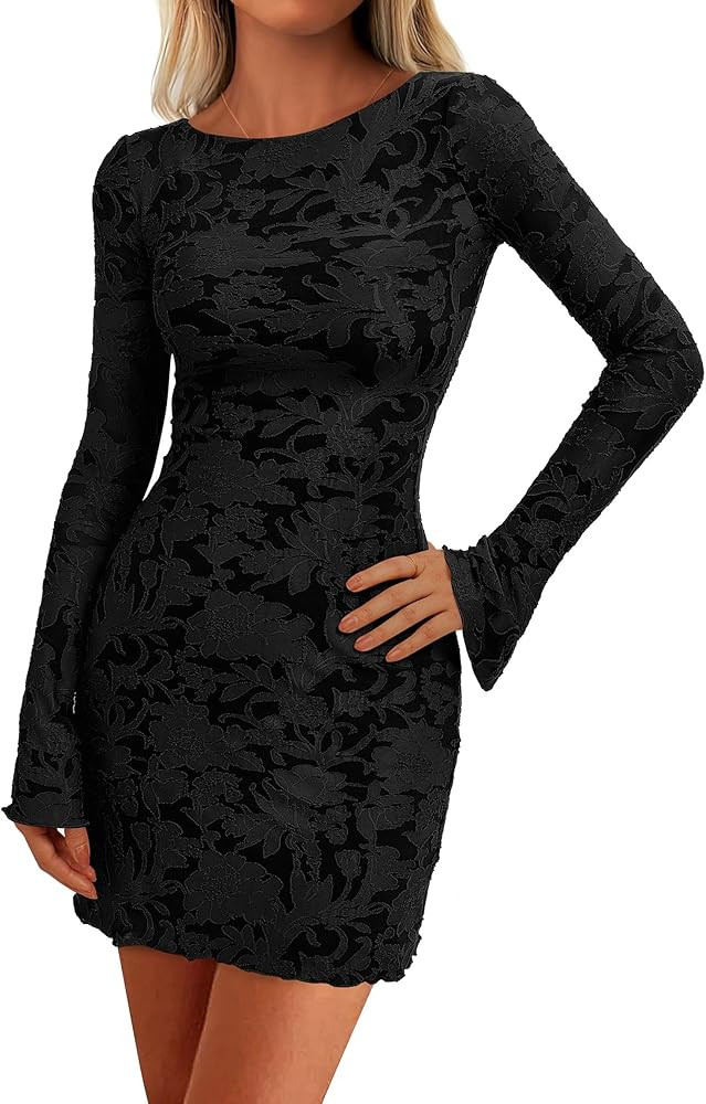 PRETTYGARDEN Women's 2025 Fall Fashion Floral Long Sleeve Mini Dress Mesh Bodycon Short Party Dat... | Amazon (US)