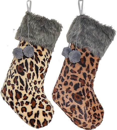 2021 Christmas Stockings 2 Pack Large Faux Fur Leopard Print Christmas Stocking 2 Pack for Family... | Amazon (US)