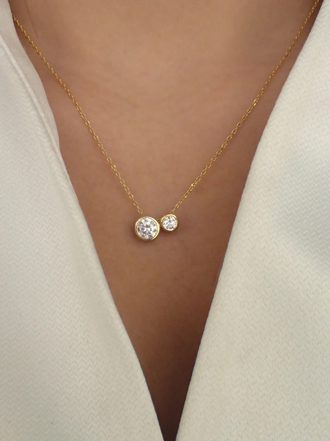 Double Round Cut Diamond Tiny Necklace, Classic Bezel Set Minimalist Necklace, Two Stone Delicate... | Etsy (US)