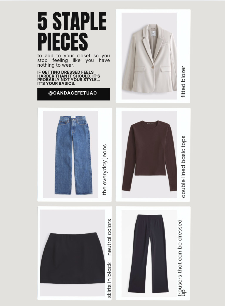These are the pieces I build almost every outfit around:
✔️ Blazer
✔️ Good jeans
✔️ Fitted tanks/bodysuits
✔️ Midi skirt
✔️ Dress pants in black + tan

Once you have these, everything else just works.

All from @abercrombie 

 

#LTKootd #LTKValentine #LTKWorkwear