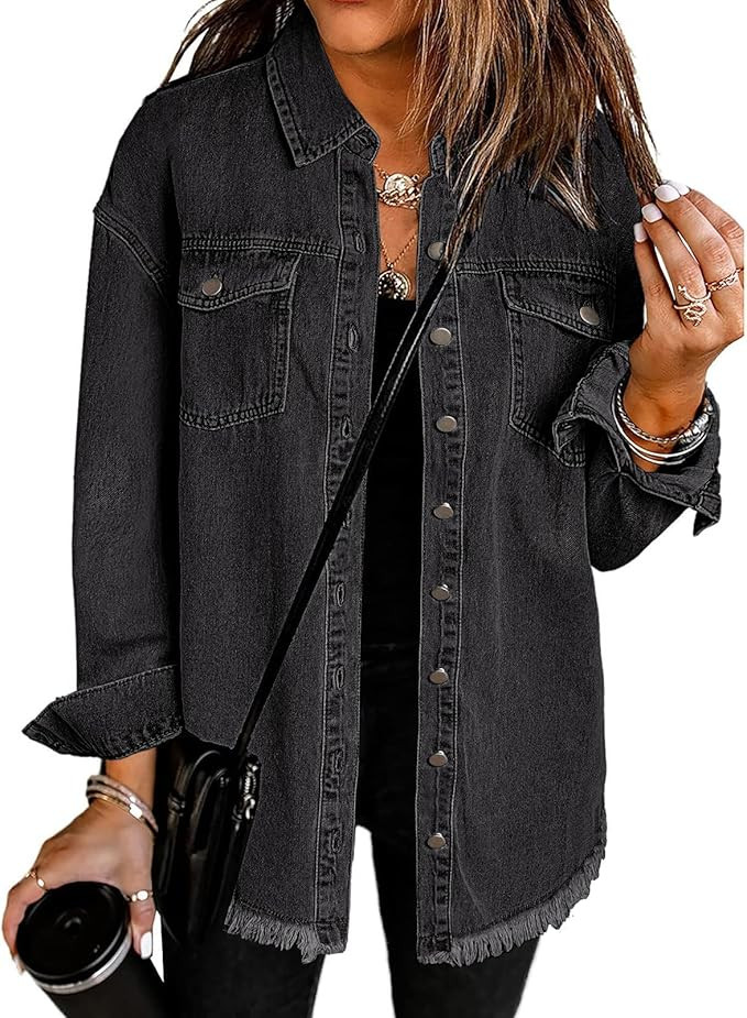 Vetinee Women’s Oversized Button Up Frayed Hem Shacket Long Sleeve Pockets Denim Jean Jacket | Amazon (US)